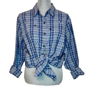 Vintage BonWorth Blue Plaid Button-Up Shirt with Embroidered Butterflies
